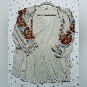 Impressions Brand Embroidered Bohemian Blouse Cream Size Small